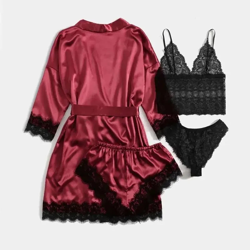 Comfortable Nightwear Lace Satin With Silk Sleepwear Robe Sexy Pajama Pants