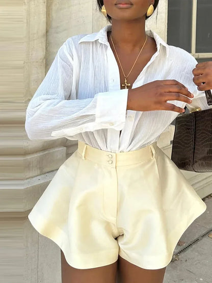 Casual High Waist Solid Silk Lady Short Pants Chic Wide Leg Shorts for Women Spring Female Loose All-match Pants Streetwear