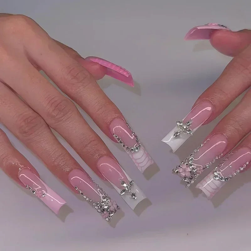 24Pcs Artifical False Nails with Glue Fake Nail Tips with Heart Designs Detachable Press on Nails XLong Finished False Nails tip