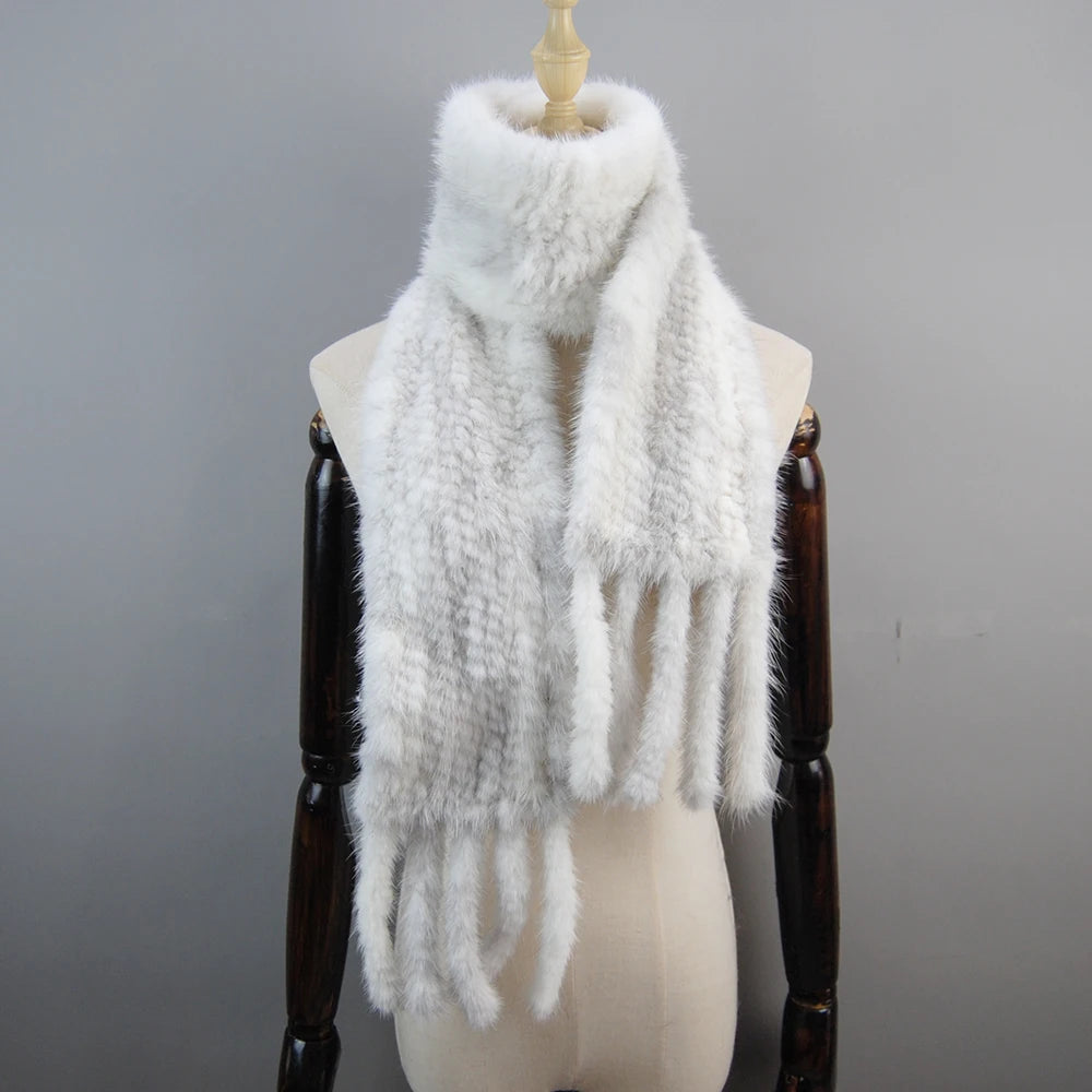 2025 Luxury Women Muffler 100% Real Mink Fur Scarf With Tassel Hand Knitted Natural Mink Scarves Neck Warmer Poncho Wholesale