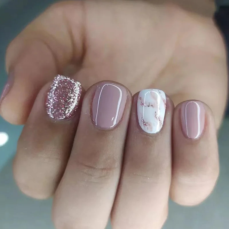 24pcs Short Square False Nails Glitter Flower Wave French Fake Nails Manicure Full Cover Detachable Nail Tips Press on Nails