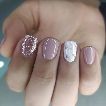 24pcs Short Square False Nails Glitter Flower Wave French Fake Nails Manicure Full Cover Detachable Nail Tips Press on Nails