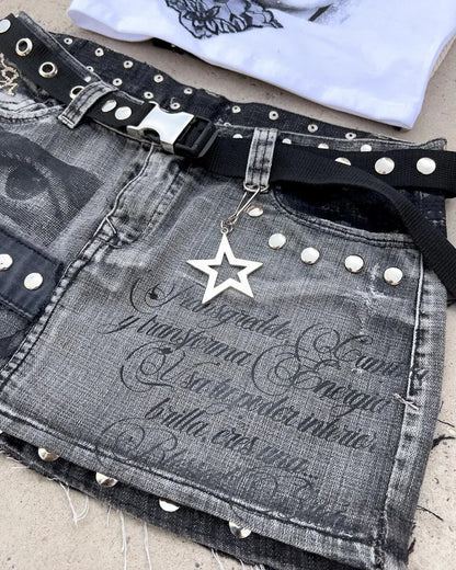 New Fashion Geometric Letter Printing Patch Nail Slim Skirt Harajuku Popular Sexy Spice Girl Dress Ultra-short A-line Skirt