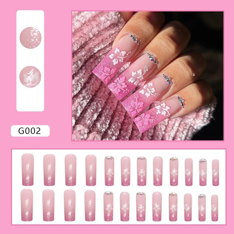 24pcs Artifical Fake Nails Long Coffin French Ballerina Wearable False Nail Tips Finished Rhinstones Flower Design Press on Nail