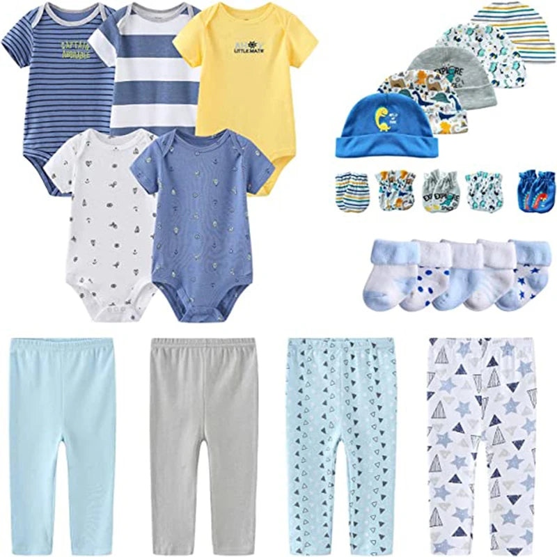 24Pieces Newborn Baby Rompers+Pants+Mittens+Hats+Socks Set 100%cotton Print Unisex Baby Girl Boy Clothes Sets