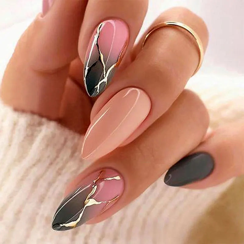 24Pcs Mid-length False Nails with Almond Head Design Brown Gold Lines Fake Nails Oval Wearable French Press on Nail Tips