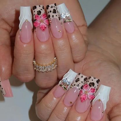 24Pcs White Butterfly False Nails Long Ballet Coffin Pearls with French Design Wearable Fake Nails Full Cover Press on Nail Tips