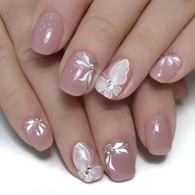 24Pcs Short Square Nude Fake Nails Art White Edge Glossy Artificial French False Nails Removable Full Cover Press on Nail Tips
