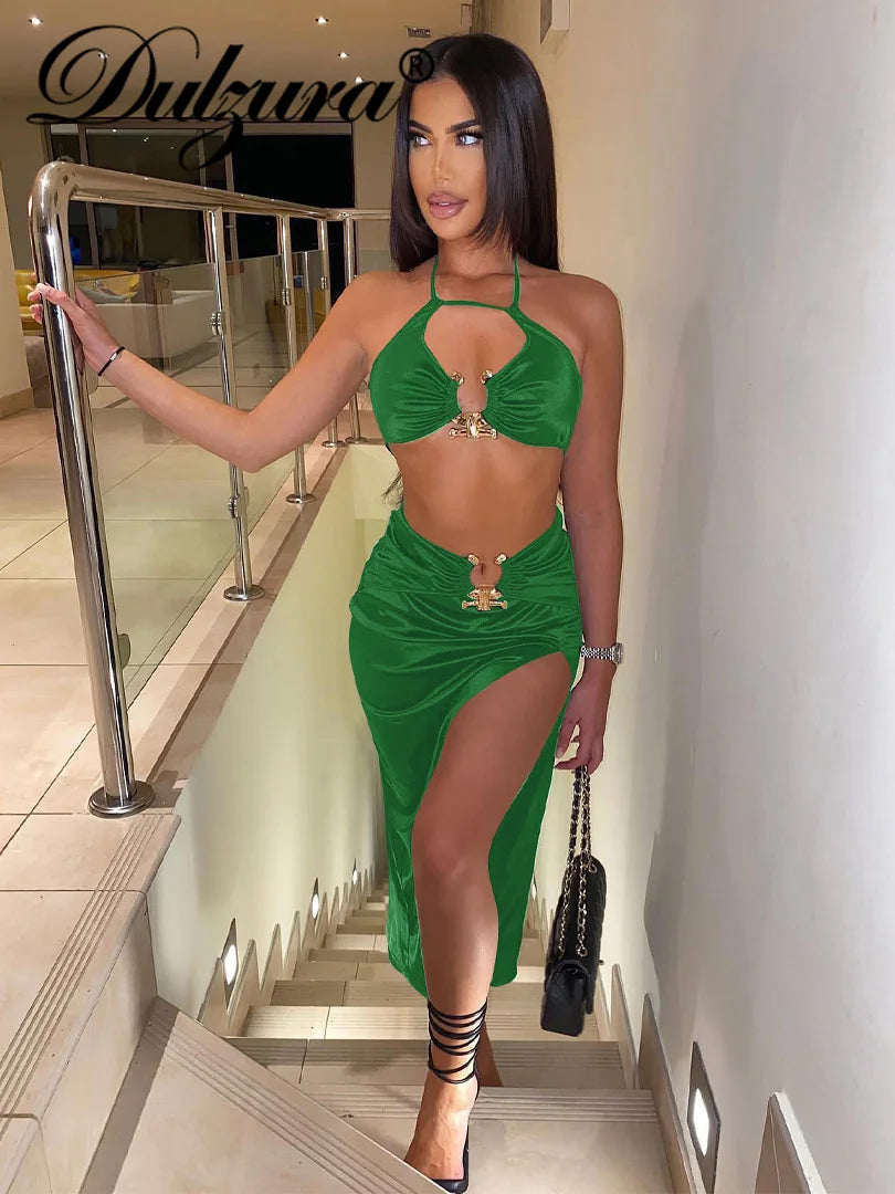 2 Piece Sets Lace Up Sleeveless Backless Crop Top High Waist Side Slit Midi