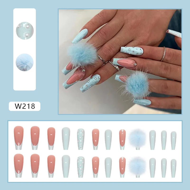 24pcs Artifical Fake Nails Long Coffin French Ballerina Wearable False Nail Tips Finished Rhinstones Flower Design Press on Nail