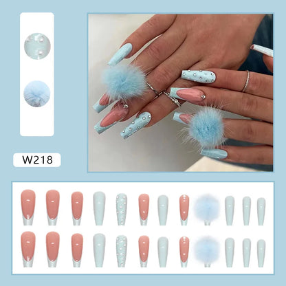 24pcs Artifical Fake Nails Long Coffin French Ballerina Wearable False Nail Tips Finished Rhinstones Flower Design Press on Nail
