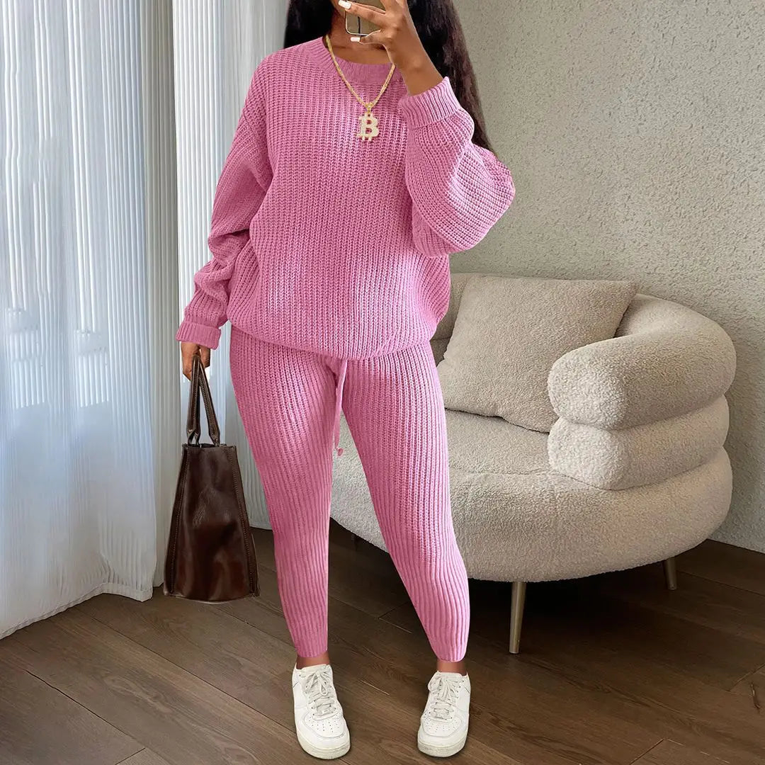 Winter Two Piece Sets Women Clothing Autumn Fashion Casual Solid Round Neck Pullover Loose Pit Knitted Sweater Pants Suits