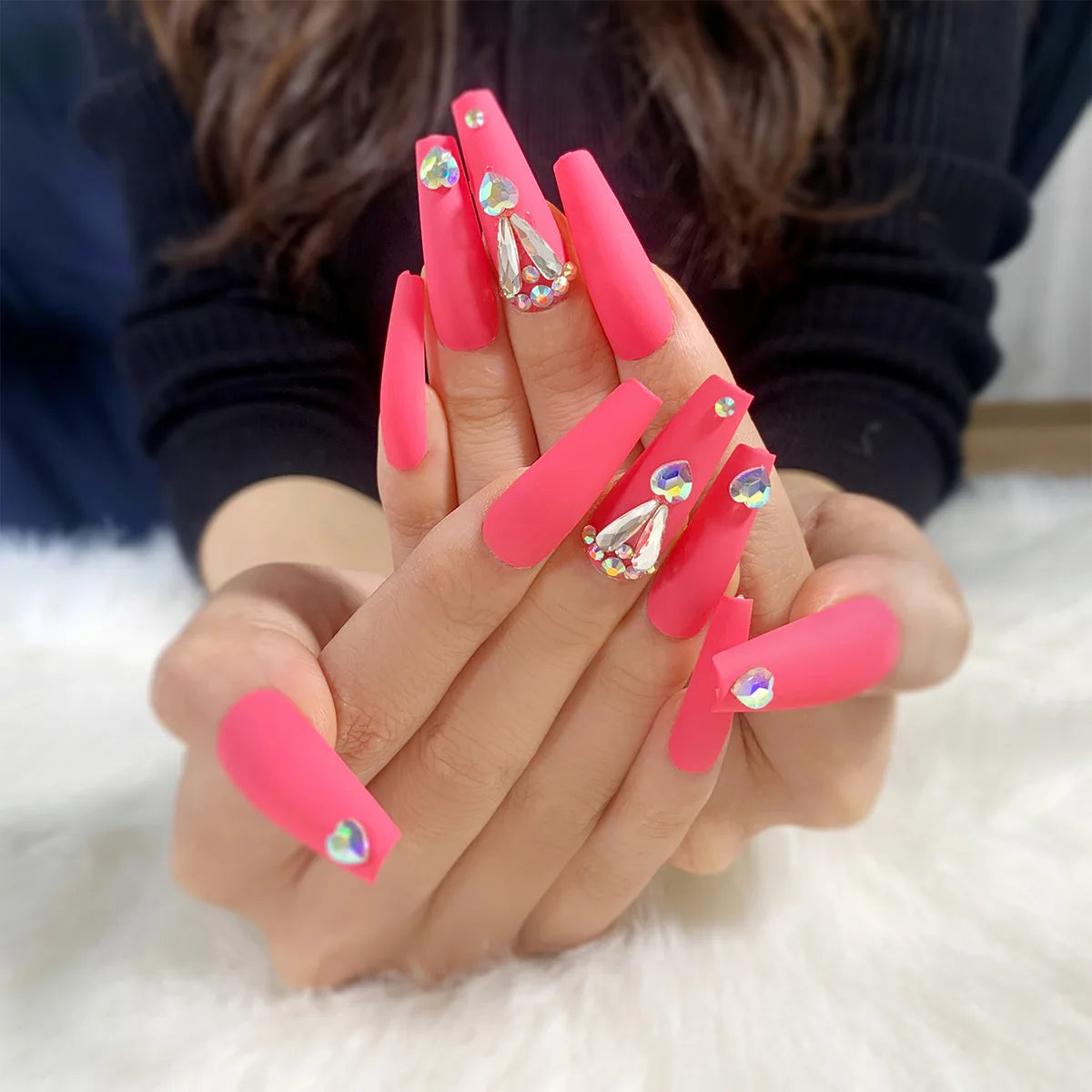 24Ps Super Long Ballet Wearable Fake Nails Blue Diamond Small Flower Press on Nail Stickers Finished Removable False Nail Pieces