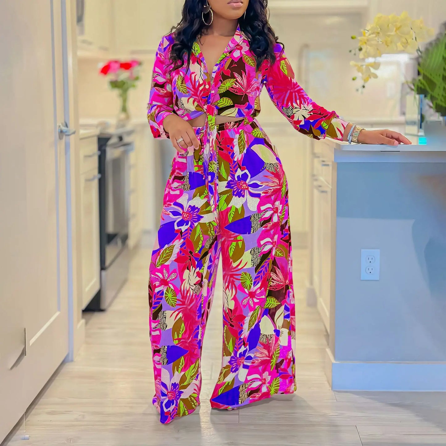 New Long Sleeved Printed Suit For Women Fashion Lapel Single Breasted Shirt Wide Leg Trousers Two Piece Set