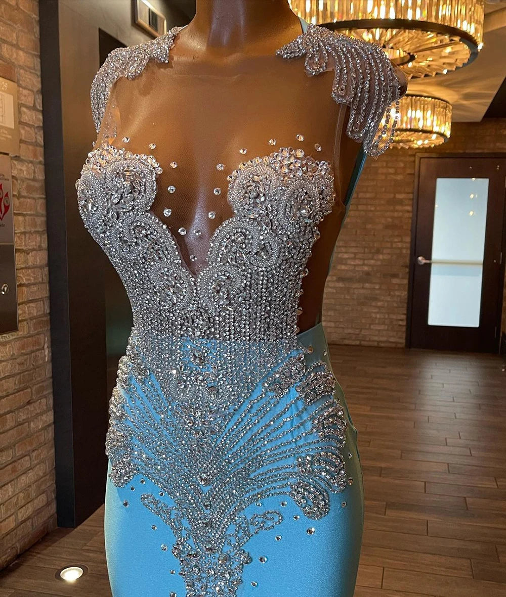 Long Sparkly Sexy Sheer Top Luxury Diamond Light Blue Mermaid Prom Gala Party Gowns