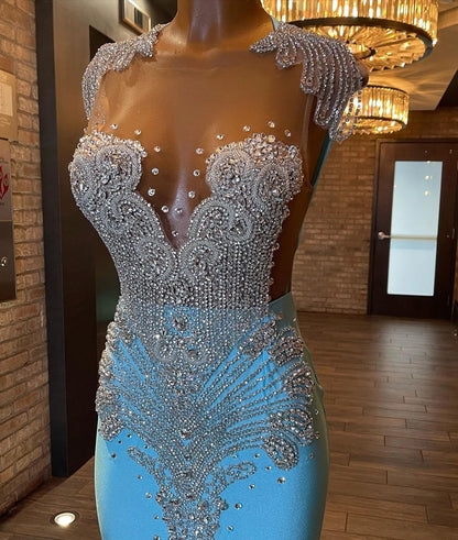Long Sparkly Sexy Sheer Top Luxury Diamond Light Blue Mermaid Prom Gala Party Gowns