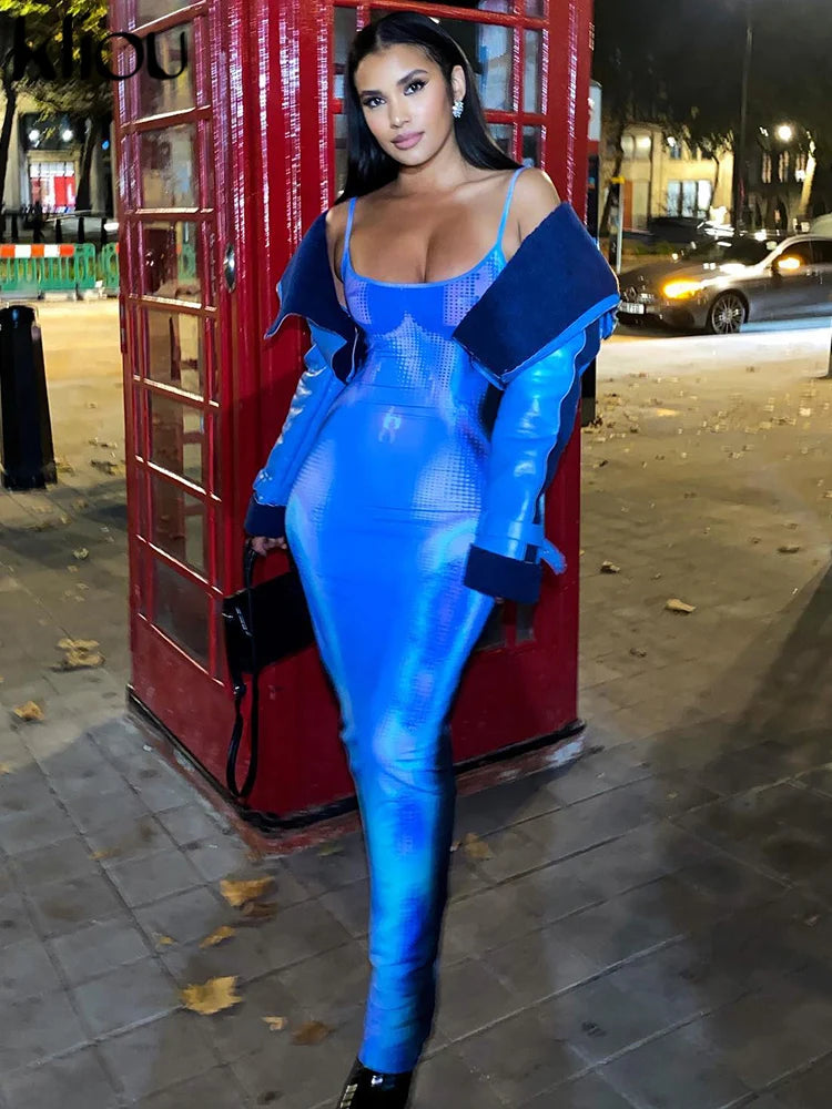 Shiny Print Maxi Dress Women Sexy Hipster Sleeveless Body-shaping Dress