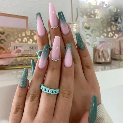 24Pcs Simple Blue French Fake Nails with Diamond Love Pattern Design False Nails Press on Mid-length Ballet Full Cover Nail Tips