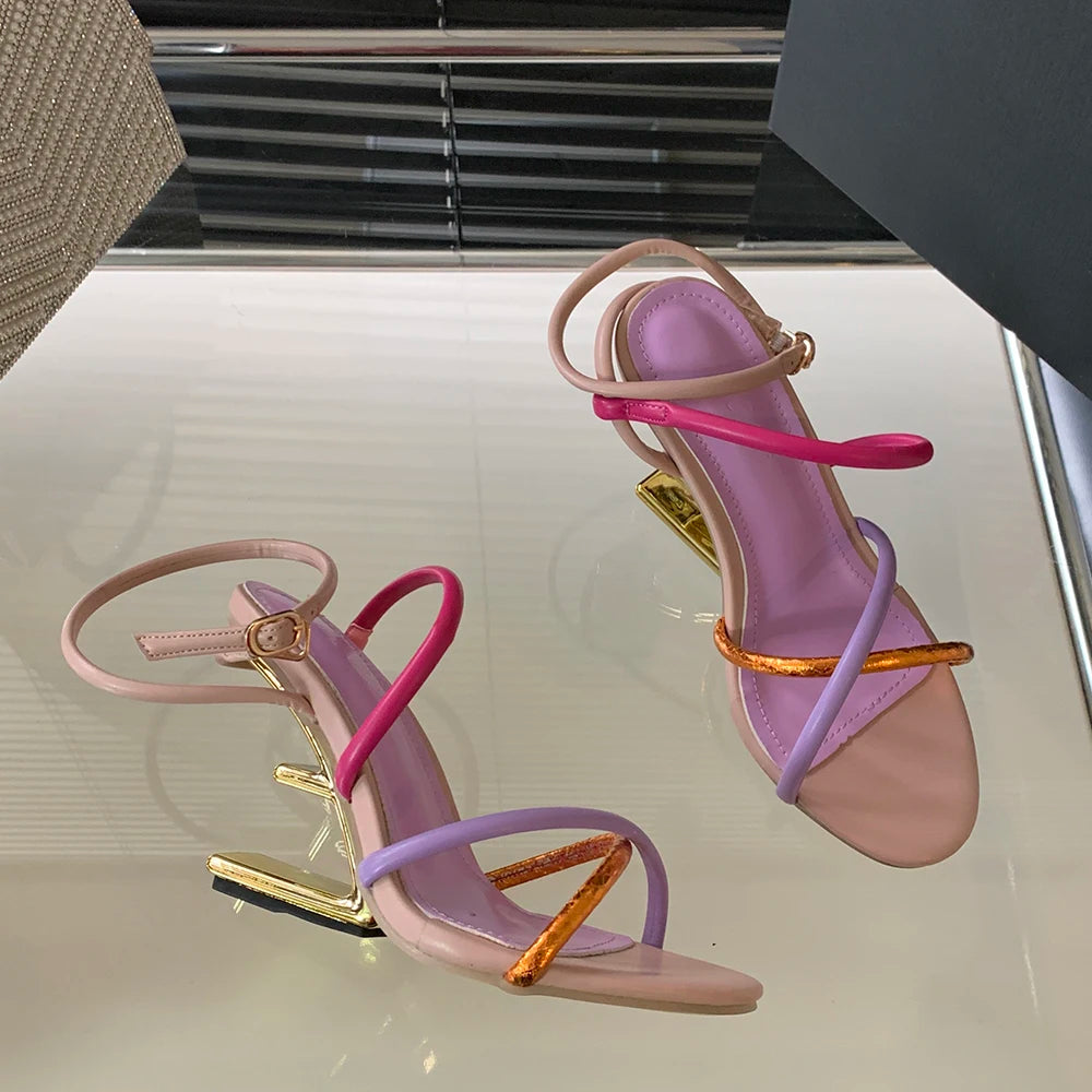 Aneikeh Summer Fashion Fretwork Heels Cross Striped Color Blocked High-heeled Sandals