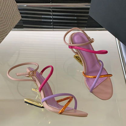 Aneikeh Summer Fashion Fretwork Heels Cross Striped Color Blocked High-heeled Sandals