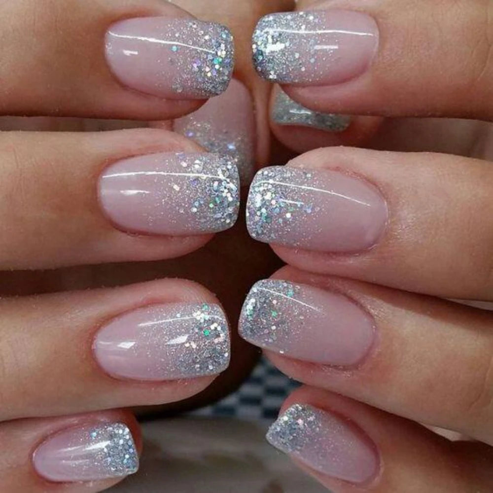24Pcs Simple Gradient Fake Nail with Silver Sequin Design Short Square Head False Nails Wearable French Full Cover Press on Nail