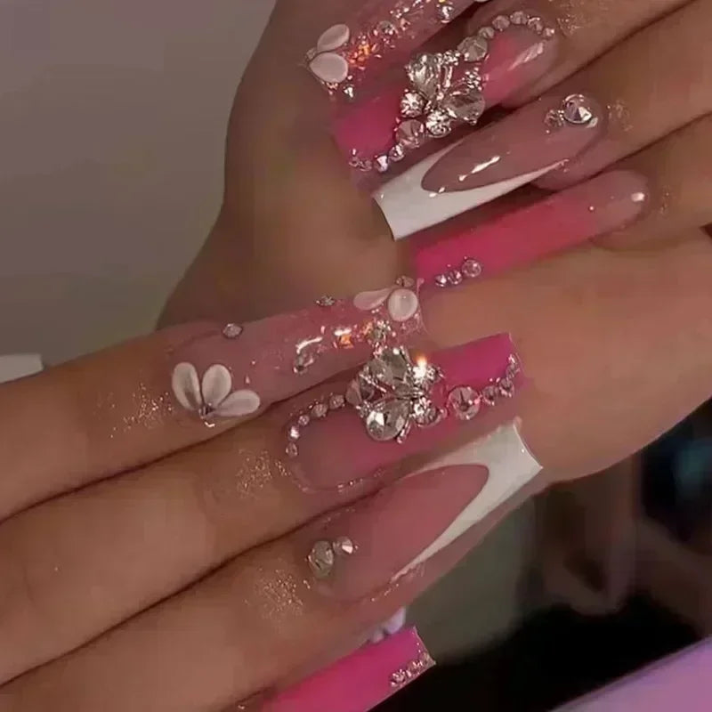 24Pcs Full Cover False Nails with Glue Long Square Coffin Fake Nails French Detachable Ballet Love Pattern Design Press on Nails