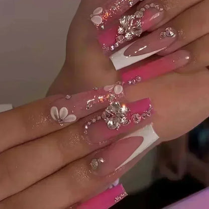 24Pcs Full Cover False Nails with Glue Long Square Coffin Fake Nails French Detachable Ballet Love Pattern Design Press on Nails