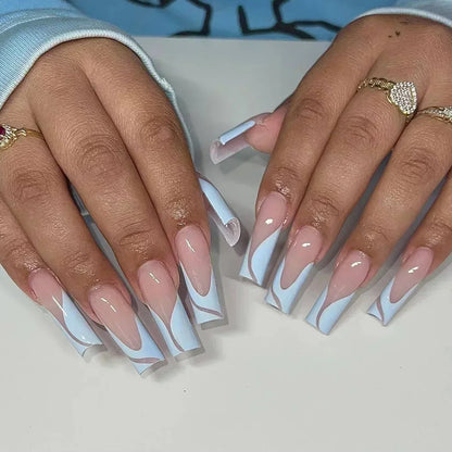 24Pcs Long Ballet Square False Nails Simple French 3d Curve Design Fake Nails Wearable Press on Fake Nails Full Cover Nails Tips