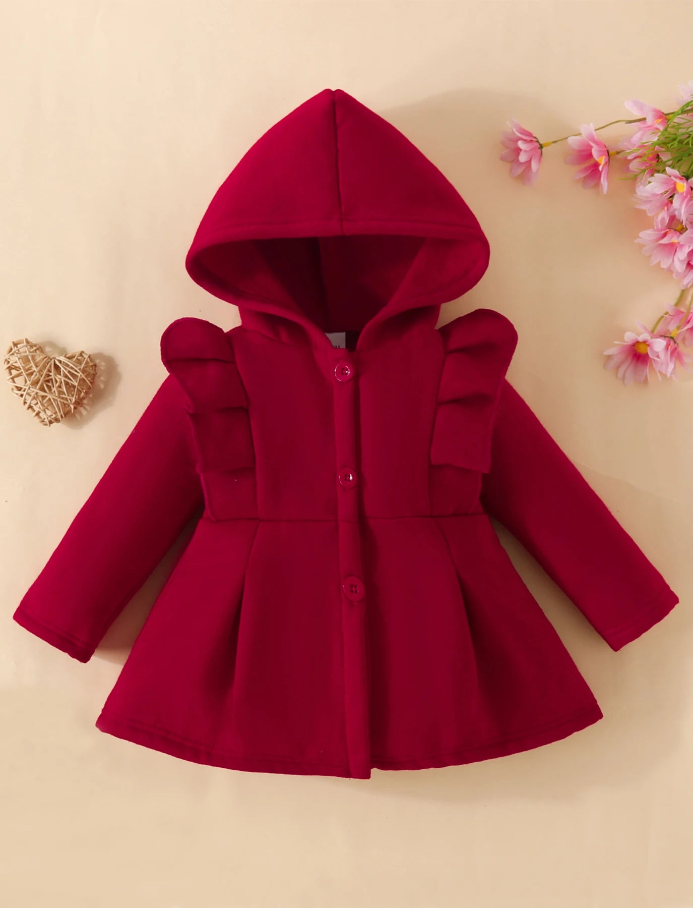 Baby Girl Ruffled Long Sleeve Fleece Hooded Single Breasted CoatKids Clothes