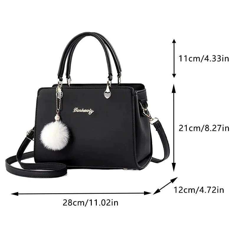 Women Plush Ball Decor Handbag PU Leather Top Handle Shoulder Bags