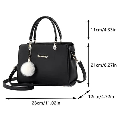 Women Plush Ball Decor Handbag PU Leather Top Handle Shoulder Bags