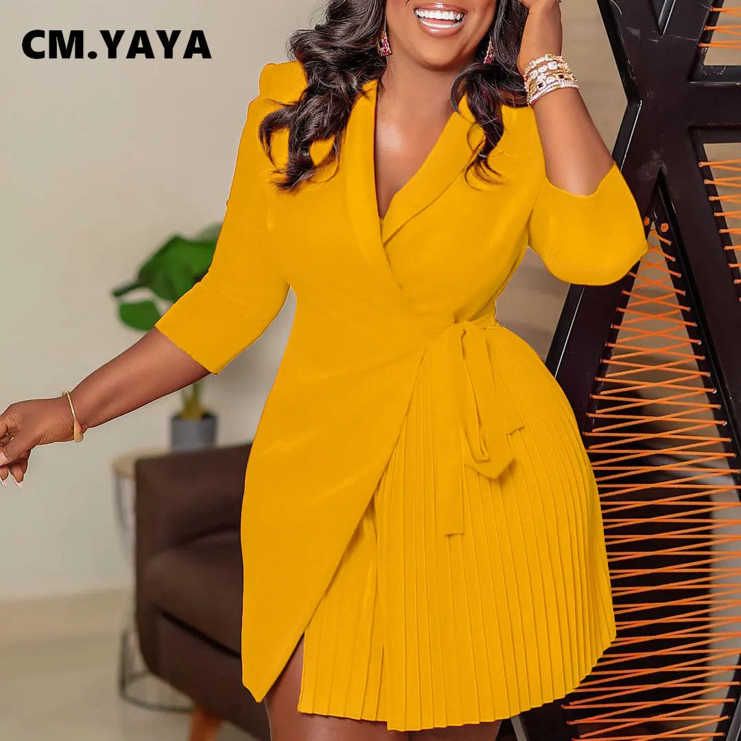 Women Lace Wrap Notched Neck Pleated Blazer Style Dress