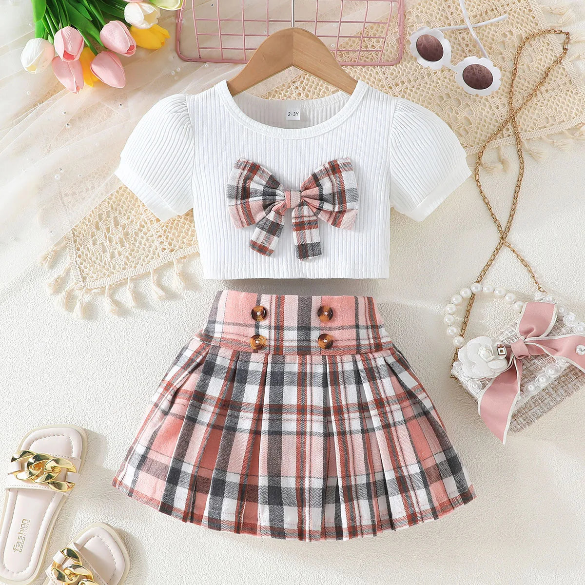 Puff Sleeve Bow Top and Elastic Pleated Skirt Summer Outfit Toddler Infant Clothing Set Kids Wear