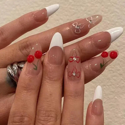 24Pcs Pink Almond French Press on Nails With 3D Bow ripple charms Design Fake Nails Ballerina False Nails Full Cover Nail Tips