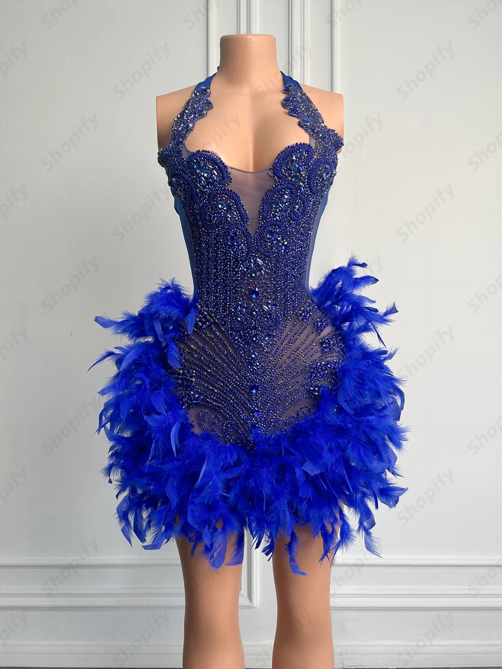 Luxury Rhinestone Black Girls Short Prom Dresses See Through Red Diamond Feathers Dress