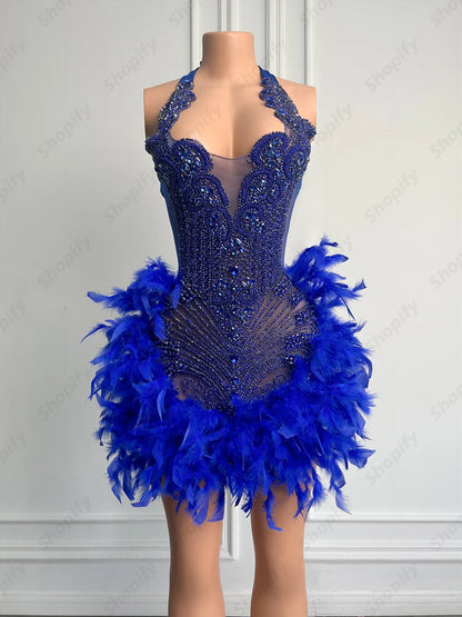 Luxury Rhinestone Black Girls Short Prom Dresses See Through Red Diamond Feathers Dress