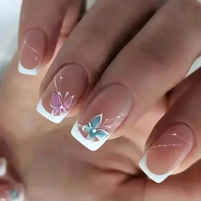 24Pcs French Tip  Press on Nails Short Coffin False Nails Simple Wearable Fake Nails Frosted Full Cover Press on Nail Tips Art