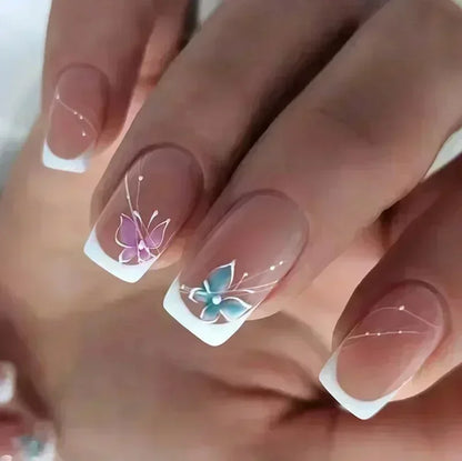 24Pcs French Tip  Press on Nails Short Coffin False Nails Simple Wearable Fake Nails Frosted Full Cover Press on Nail Tips Art