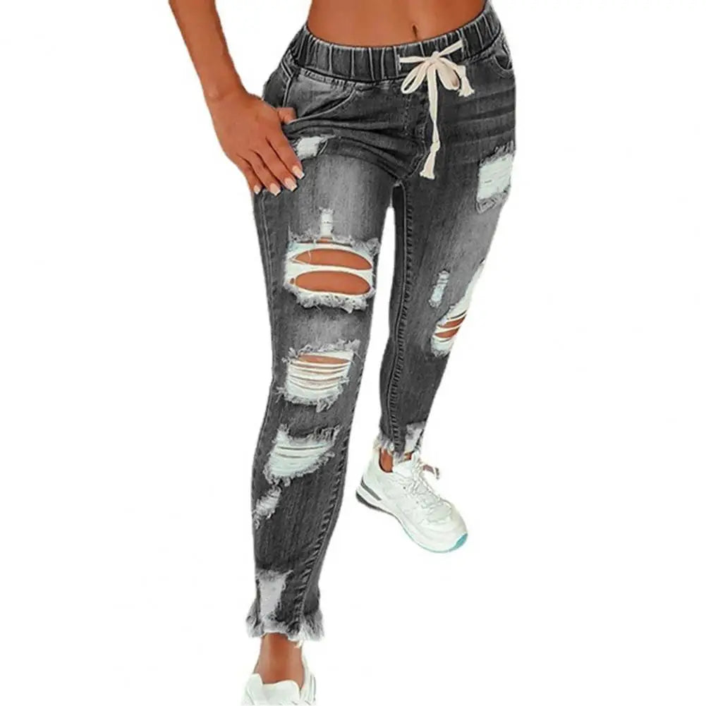 Stretchy Ripped Hole Jeans Women  Straight Denim Trousers High Waist