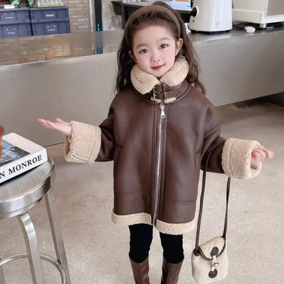 New Winter Boys and Girls' Cool Handsome Standing Neck Motorcycle Jacket with Thickened PU Leather Lamb Fleece Coat for Children