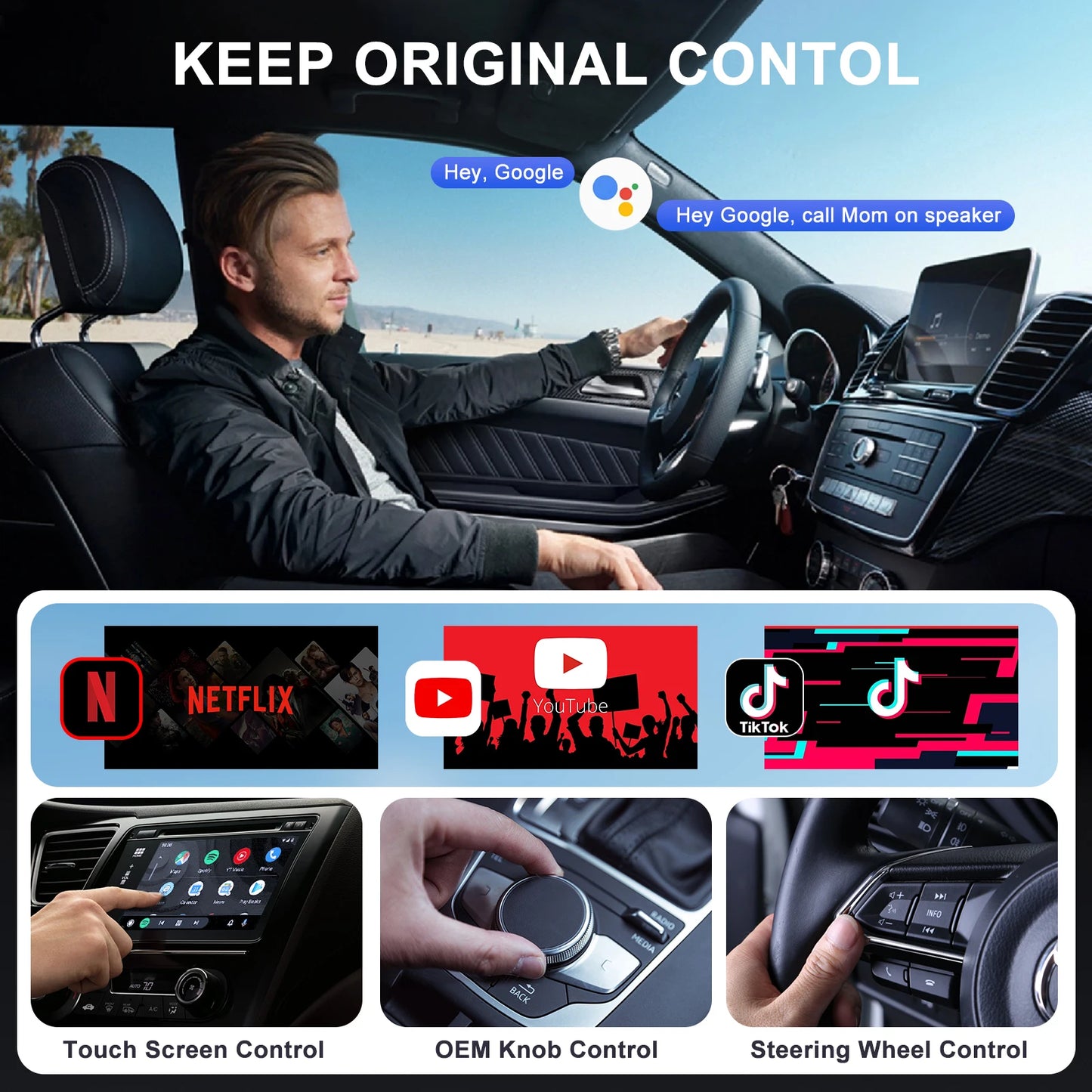 Wireless Video Android Auto Adapter with Netflix/YouTube/ TikTok for OEM Wireless CarPlay Cars