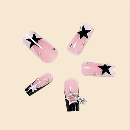 24Pcs Long Square Black French sparkling diamond star pendant Press on Nail