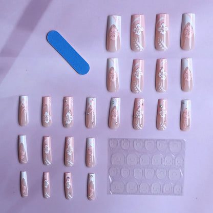 24pcs Medium Coffin White Rhinestone Full Cover Fake Nail Set Floral Press On Nails Sakura Design For Girl Mother Women Gift