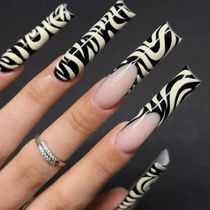 24Pcs Full Cover False Nails with Glue Long Square Coffin Fake Nails French Detachable Ballet Love Pattern Design Press on Nails