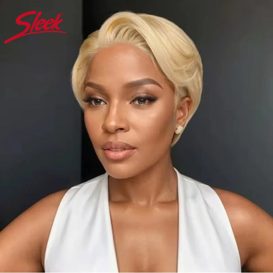 Sleek Blond 613 Short Pixie Cut Bob Wigs C Lace Front Part Human Hair Wigs Nature Grey Wigs Brazilian Straight Remy Hair Wig