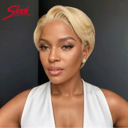 Sleek Blond 613 Short Pixie Cut Bob Wigs C Lace Front Part Human Hair Wigs Nature Grey Wigs Brazilian Straight Remy Hair Wig