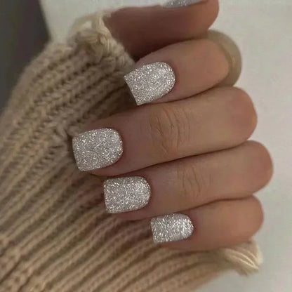 24Pcs Medium Short Square False Nails Glittering Nail Art White Wearable Fake Nail Silver French Full Cover Press on Nail Tips