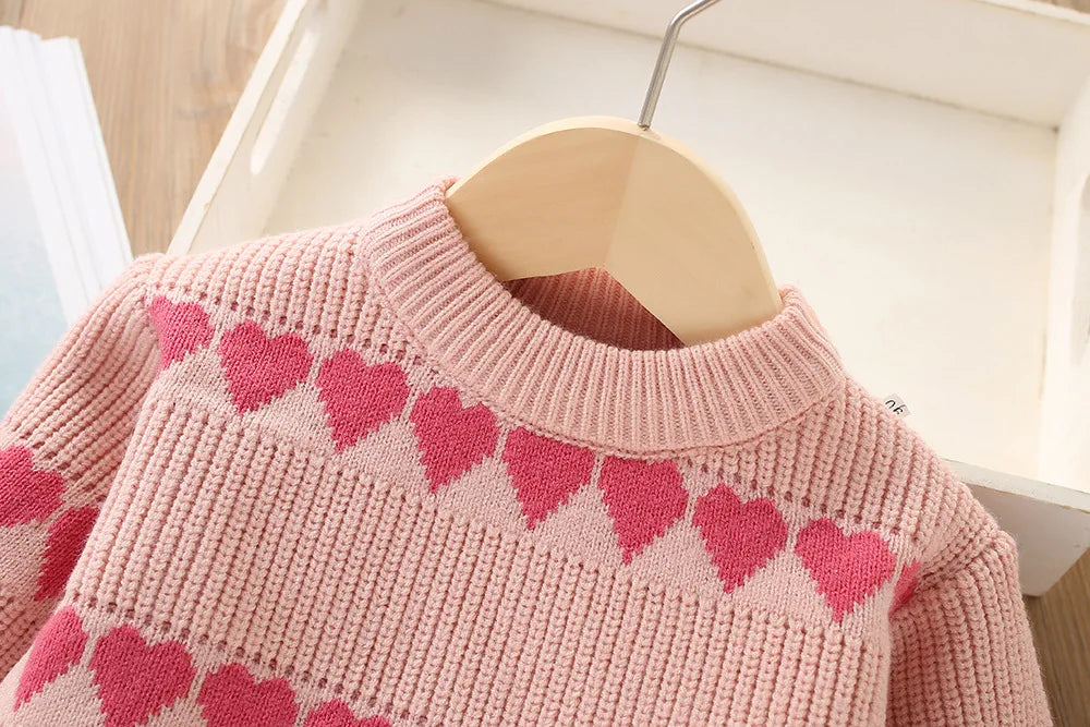 Girls' Sweater Suit Winter New Baby Girls' Knitted Set Long-sleeved Love Knitting Sweater+Skirt Two-piece Suit