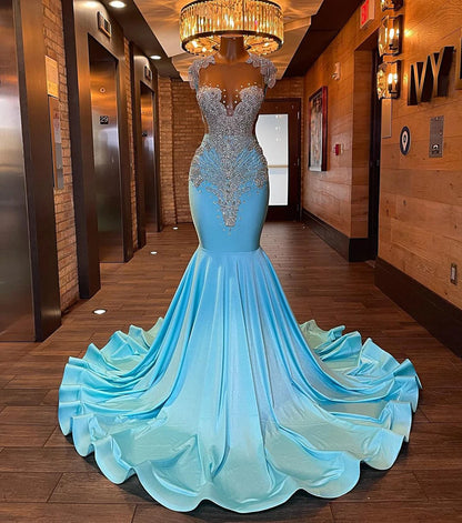 Long Sparkly Sexy Sheer Top Luxury Diamond Light Blue Mermaid Prom Gala Party Gowns