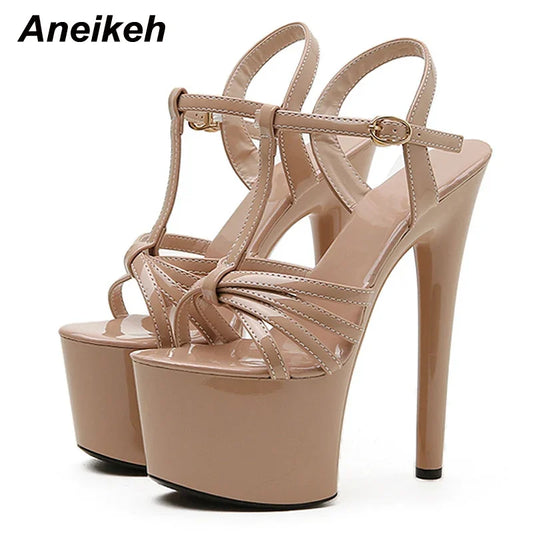 Aneikeh Platform Heigh Gladiator Women Sandals Summer Narrow Band T-Tied Shoes High Buckle Strap Thin Heels Sandalias Mujer 2025